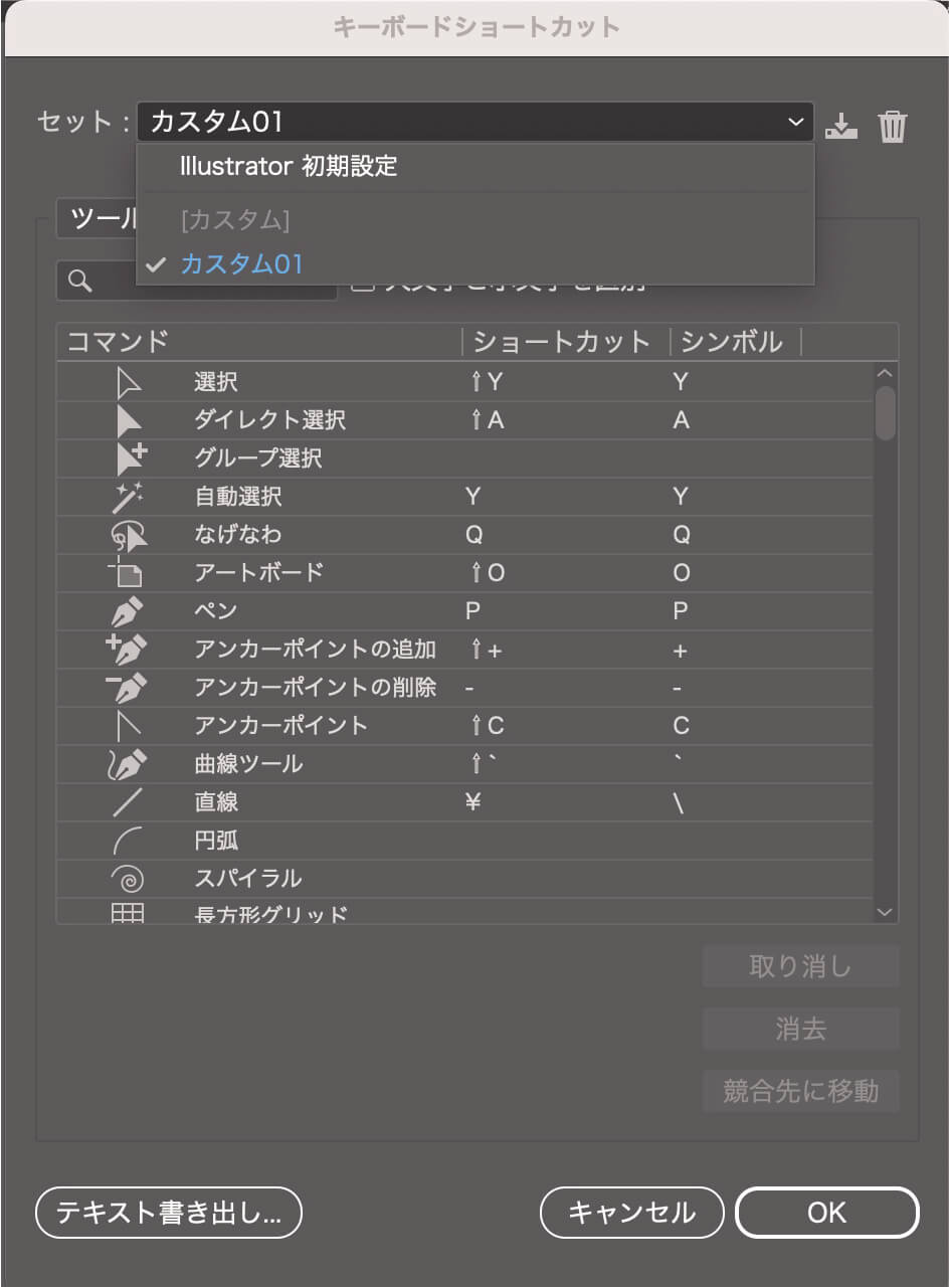 セットから設定したショートカットキーの切り替えができる